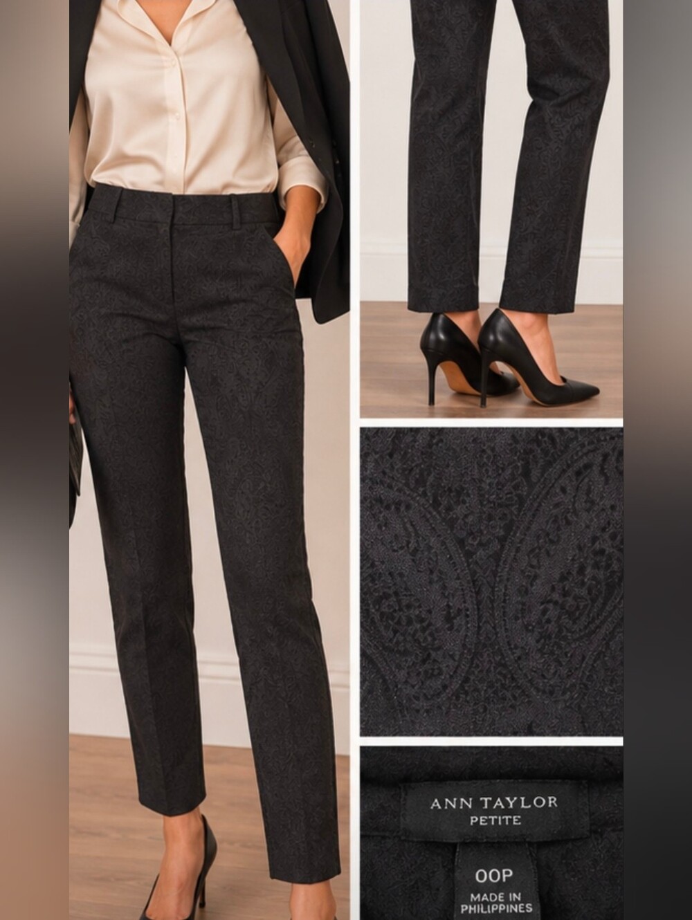 Ann Taylor Petite Black Paisley Jacquard Dress Pants Size 00P